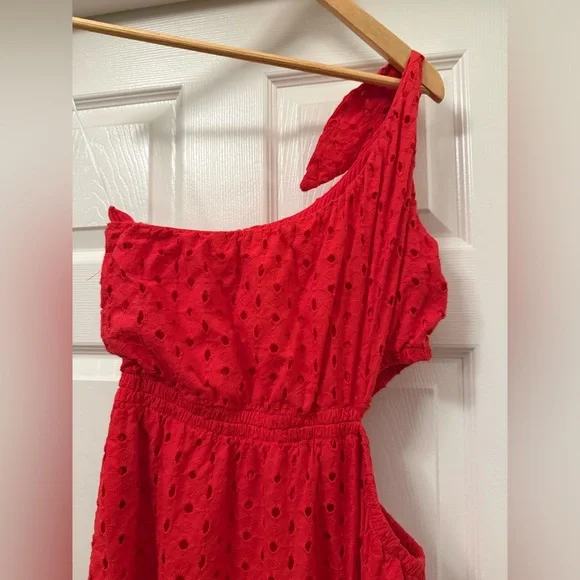 Show Me Your MuMu One Shoulder Strapless Red Eyelet Dress Size Medium Boho